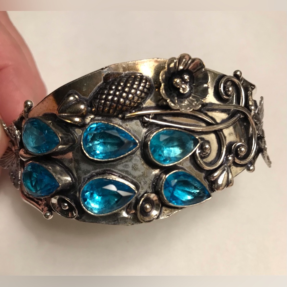 Blue Topaz Stamped Solid 925 Sterling Silver Cuff Bracelet